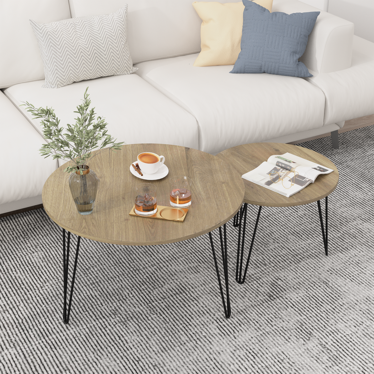 27.56'' Round Nesting Coffee Table Set of 2, Circular Nesting End Table Set, Round Wooden Tabletop, and Sturdy Metal Base for Living Room, bedroom, Brown W808P176732-djyc