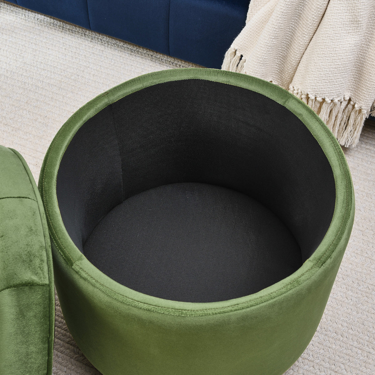 Round Storage Ottoman, multi-functional round flannel button Ottoman, lid can be turned over as a table top, with storage space-GREEN W487P243603-djyc