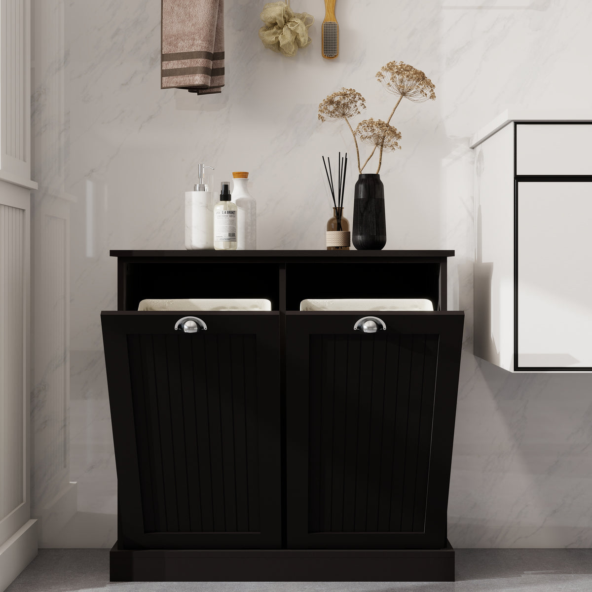 Two-Compartment Tilt-Out Laundry Sorter Cabinet-Black W1120139082-djyc