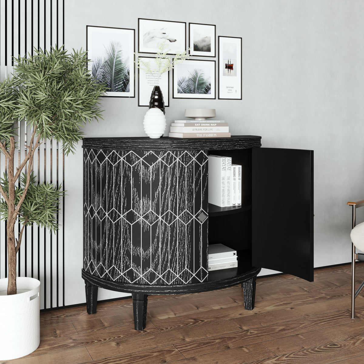 Accent Cabinet Modern Half-moon 2 Door Wooden Cabinet Storage Cabinet Solid Wood Veneer with Featuring Two-tier Storage, for Living Room, Hallway, Entryway and Dining Room, Painted in Black W1435123214-djyc