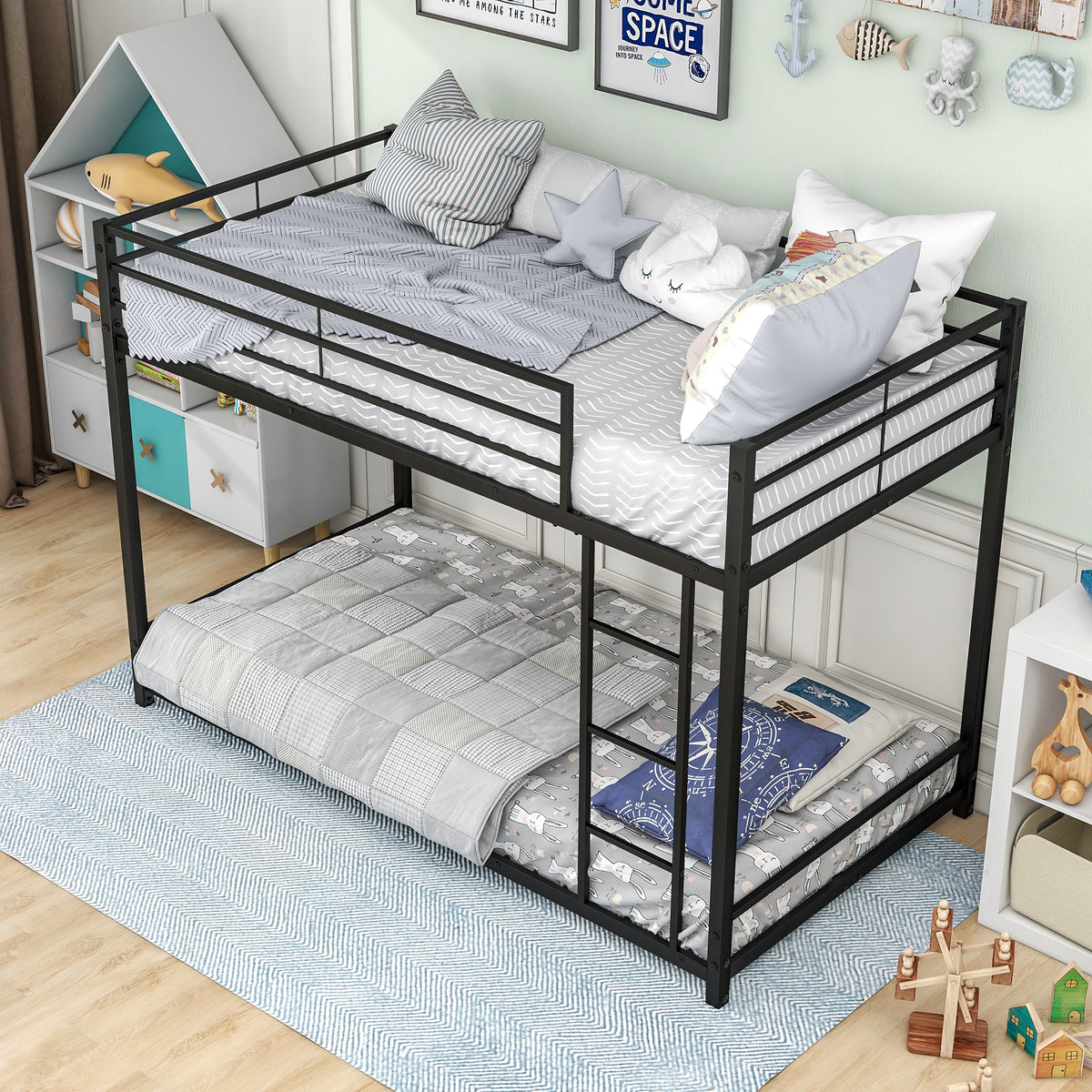 Metal Bunk Bed Twin Over Twin, Bunk Bed Frame with Safety Guard Rails, Heavy Duty Space-Saving Design, Easy Assembly Black W84063609-djyc