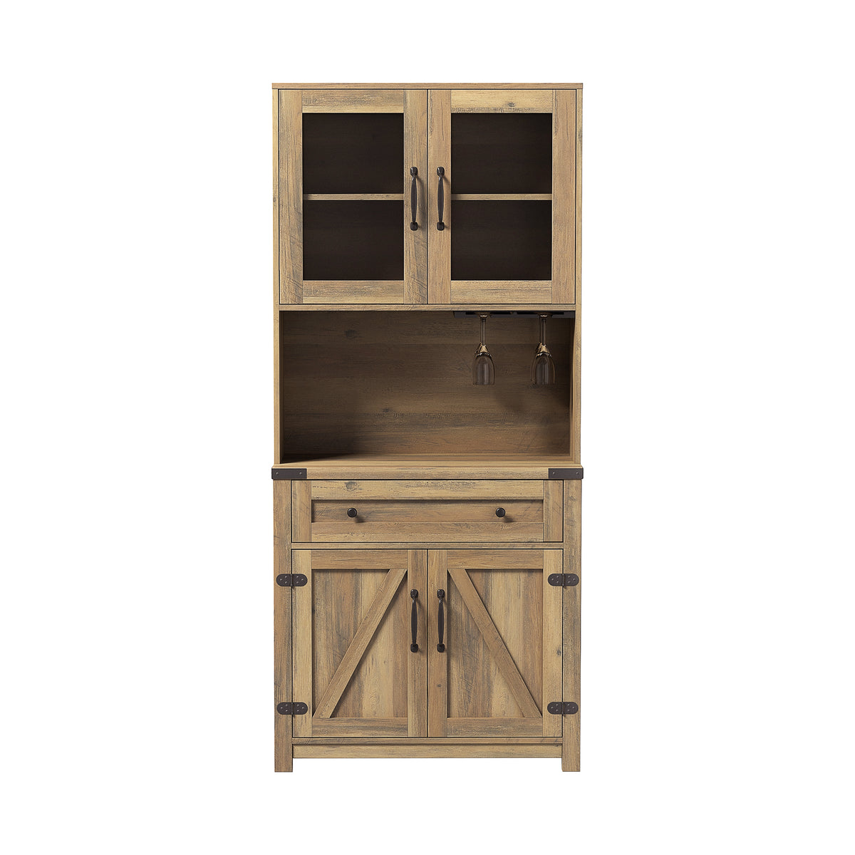 Modern Farmhouse Double Barn Door Accent Bar Cabinet with Goblet Holder, Yellow Walnut W881S00005-djyc