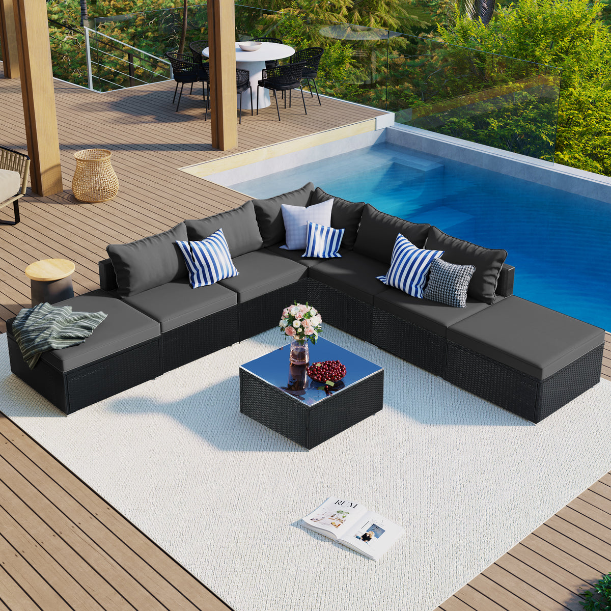 8-Pieces Outdoor Patio Furniture Sets, Garden Conversation Wicker Sofa Set, Single Sofa Combinable, Gray Cushions Black Wicker FG201217AAE-djyc