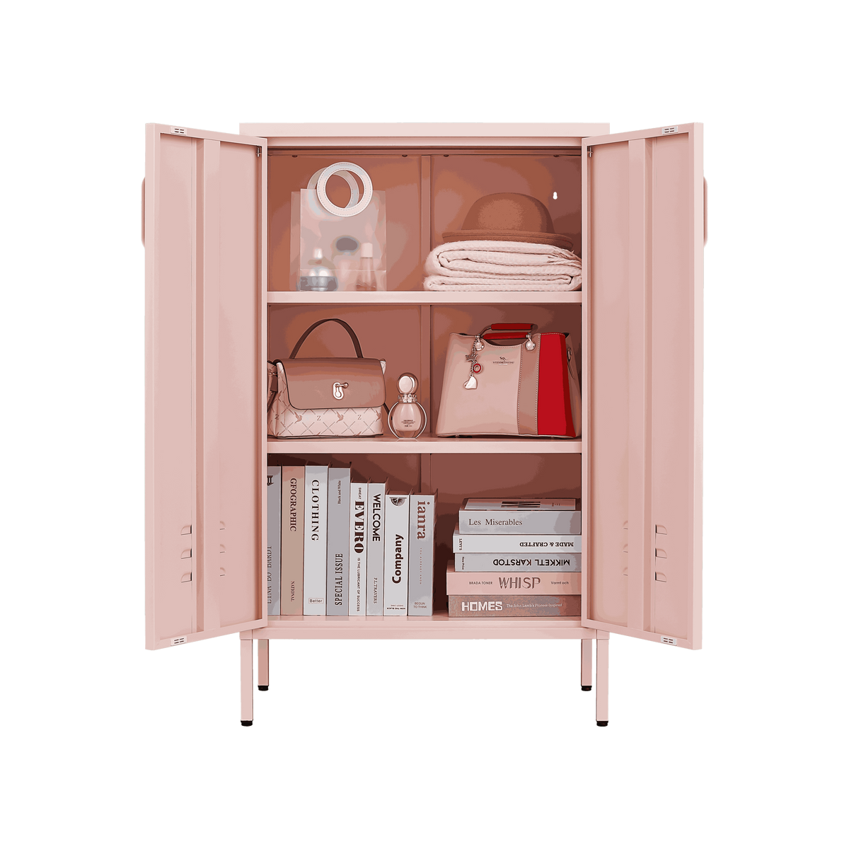 Pink Steel Double Door Cabinet with Handles, With Removable Dividers and Adjustable Height. Suitable for Living Room, Office, Bedroom, Study and Other Places. W328P195208-djyc