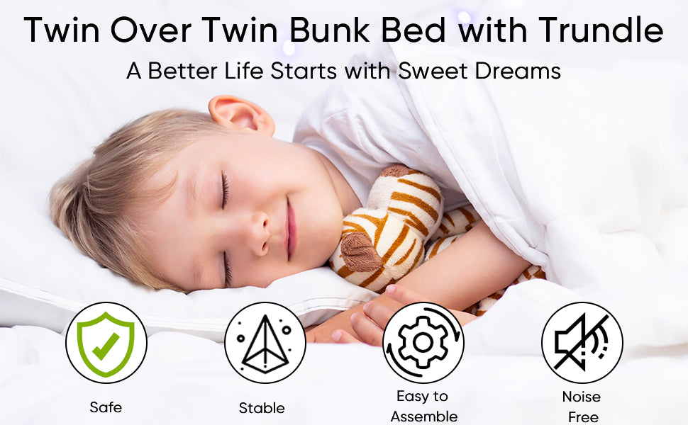 Over Twin Bunk Bed Frame with Trundle,Metal Bunkbed with Sturdy Guard Rail and 2 sideLadders for Kids/Adults,Can be Divided Into Two Beds, No Box Spring Needed, Noise Free for Dorm,Black W1916115338-djyc