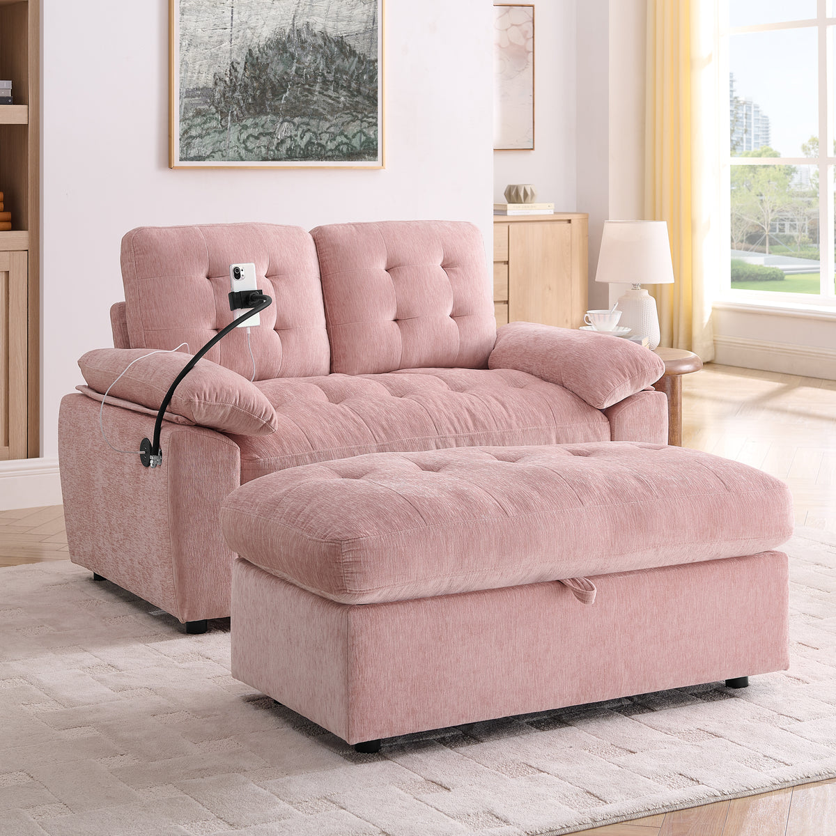 Leisure sofa chair,Double sofa recliner, with manually adjustable backrest, soft padded armrests, side USB charging port and phone stand, comes with a matching storage ottoman-Pink-W487S00519