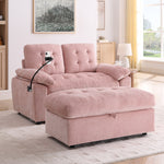 Leisure sofa chair,Double sofa recliner, with manually adjustable backrest, soft padded armrests, side USB charging port and phone stand, comes with a matching storage ottoman-Pink-W487S00519
