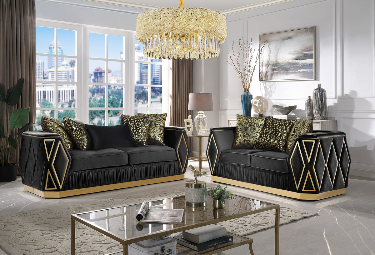 Cavalli Contemporary Style Upholstery Diamond Pattern 2PC Livingroom Set Made with Wood in Gold accent & Black-B009S02182