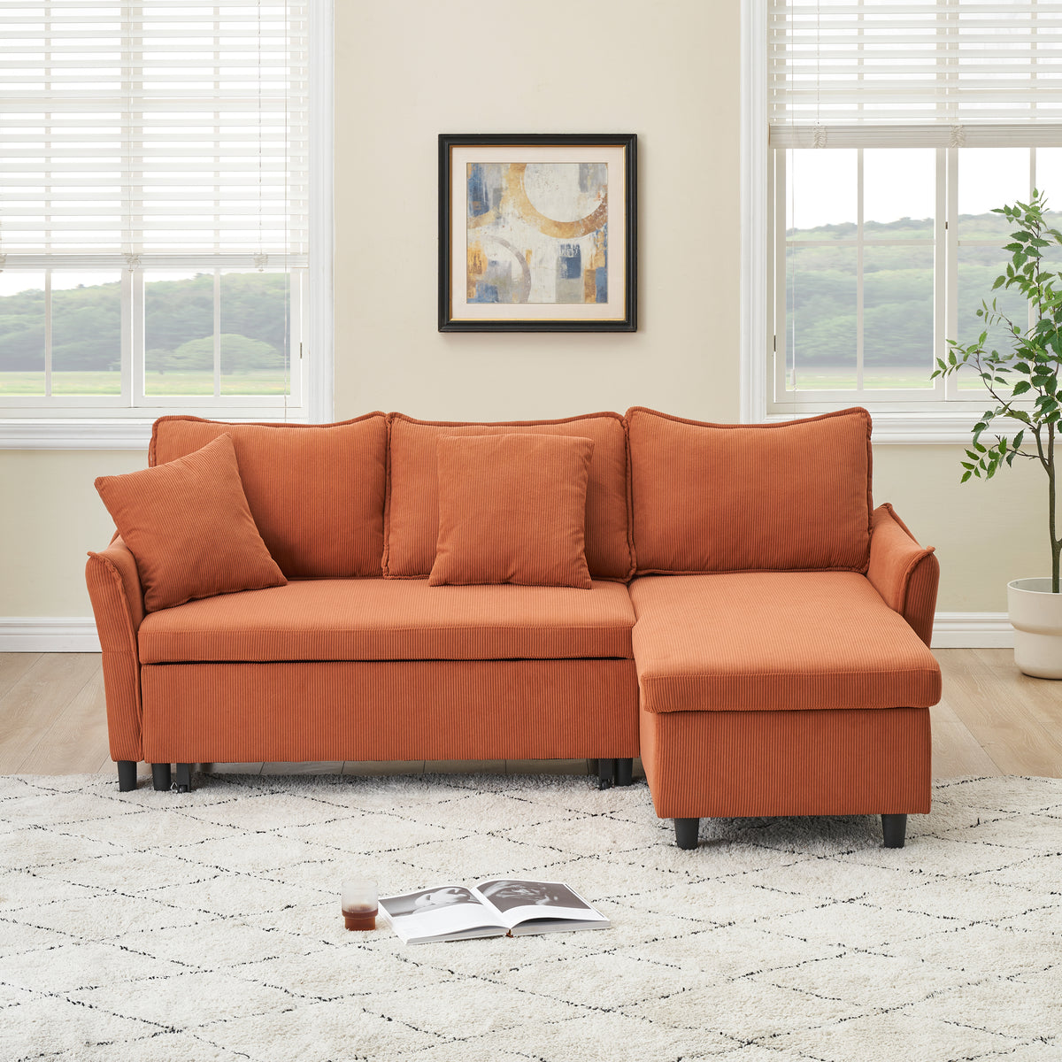 This 80-inch orange corduroy L-shaped sofa comes with two small throw pillows that can be converted into a sofa bed for storage W1278S00026-djyc