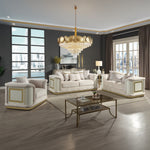 Bona 3-Piece Living Room Set combining the Sofa, Loveseat, and Chair in cream with gold accents and diamond-textured details, creating a complete, harmonious, and upscale modern ensemble.-B009S02177