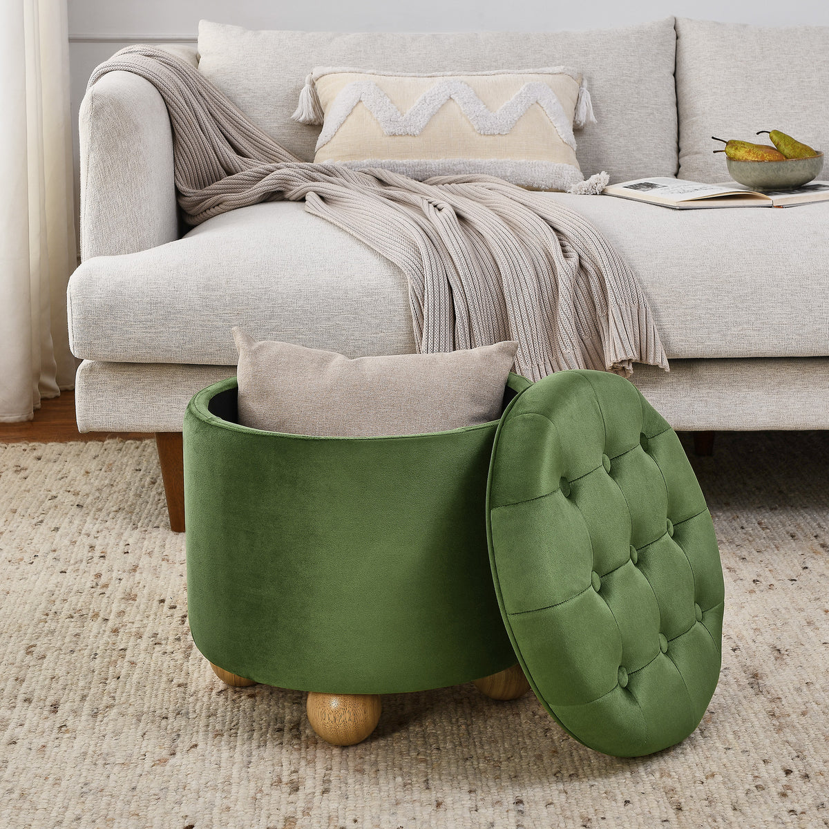 Round Storage Ottoman, multi-functional round flannel button Ottoman, lid can be turned over as a table top, with storage space-GREEN W487P243603-djyc