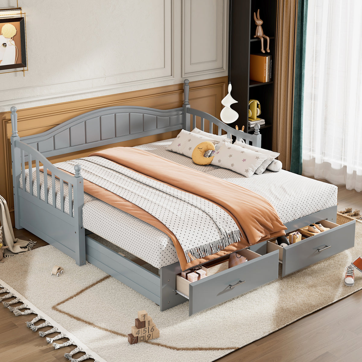 Wooden Twin Size Daybed with Twin Size Trundle, Extendable Daybed with Two Storage Drawers,Gray(Expected Arrival Time:9.12) N733S173459E-djyc