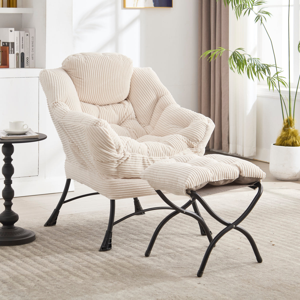 Lazy Chair with Ottoman – Modern Lounge Chair with Armrests, Side Pocket, and Footrest, White W640P271553-djyc