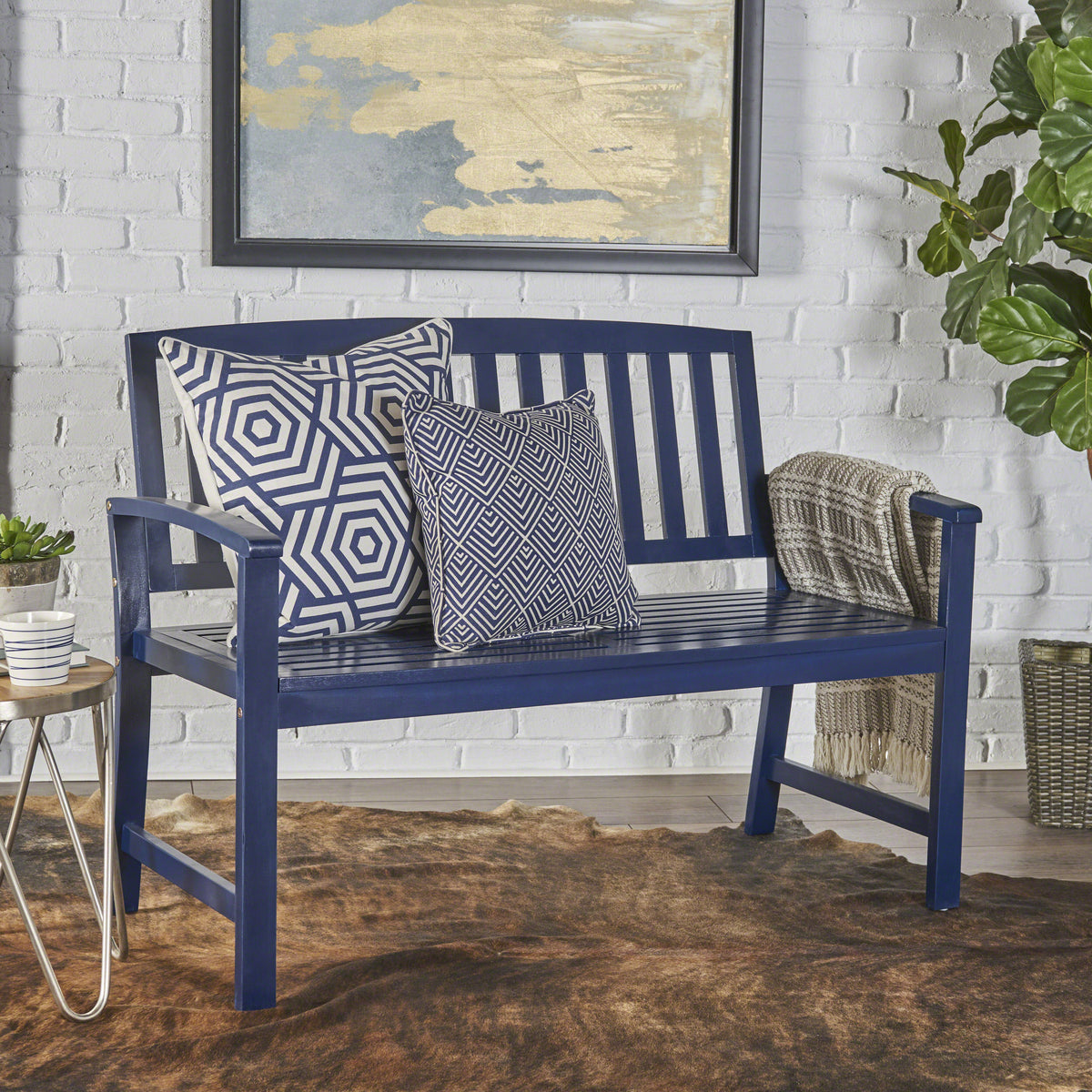 Farmhouse-Style Acacia Wood Bench with Navy Blue Finish for Indoor/Outdoor Use 57495.00ACANBL-djyc