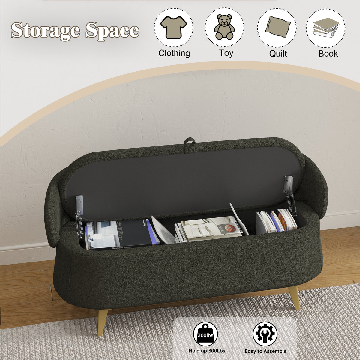 50-Inch Multi-Functional Long Rectangular Bedside Storage Sofa Stool in Teddy Fleece: Dreamy Comfort for Your Fashionable Home W1278122700-djyc