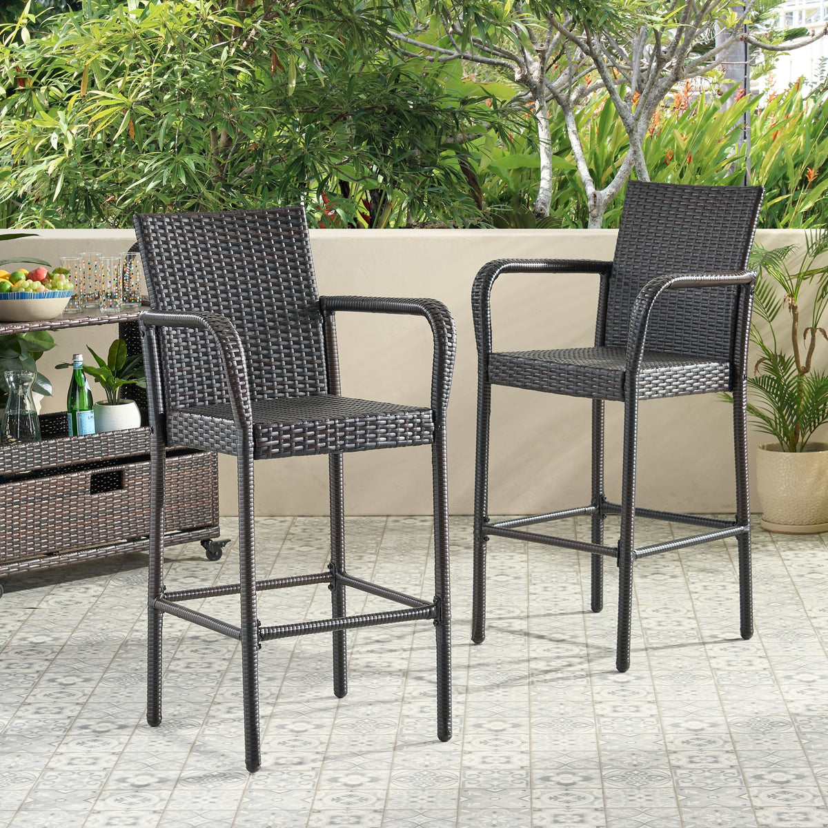 Modern Outdoor Bar Stool – Durable Polyethylene Rattan with Powder-Coated Metal Frame for Stylish Comfort 57113-djyc