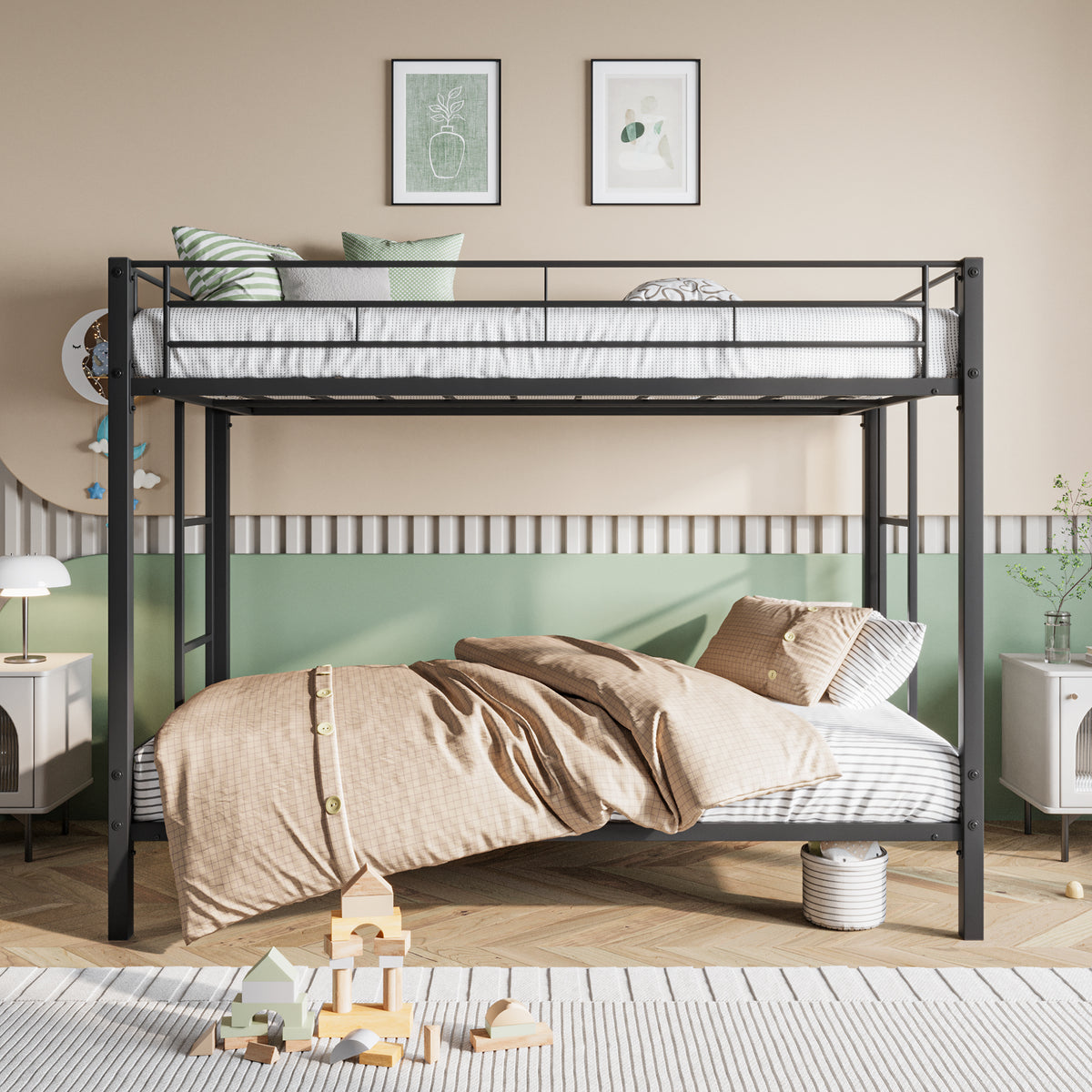 Metal Bunk Bed Twin Over Twin, Heavy Duty Twin Bunk Beds with shelf and Slatted Support No Box Spring Needed Black W840107070-djyc