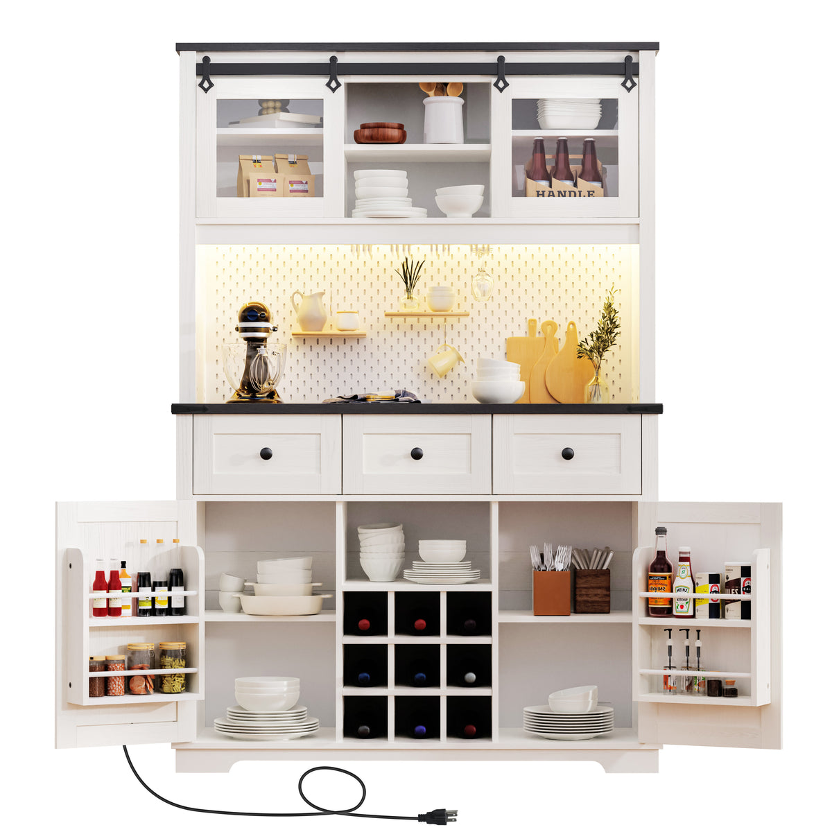 K&K 71" Farmhosue Pantry Bar Cabinet with Internal Storage Rack,Kitchen Cabinet with Hutch,Sliding Door,Power Outlet,Pegboard,Wine & Glasses Rack,3 Drawers,Rustic Coffee Bar Storage Cabinet,White Oak N707S000008W-djyc