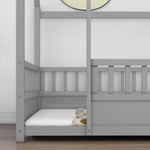 Full Size Floor Wooden Bed with House Roof Frame, Fence Guardrails,Grey W1858123988-djyc