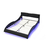 Queen Led Bed Frame Modern Faux Leather Upholstered Platform Bed Frame with RGB LED Lights and Headboard Wave Like Curve Low Profile Bed Frame,Wood Slats Support,Easy Assembly, Black W487P169716-djyc