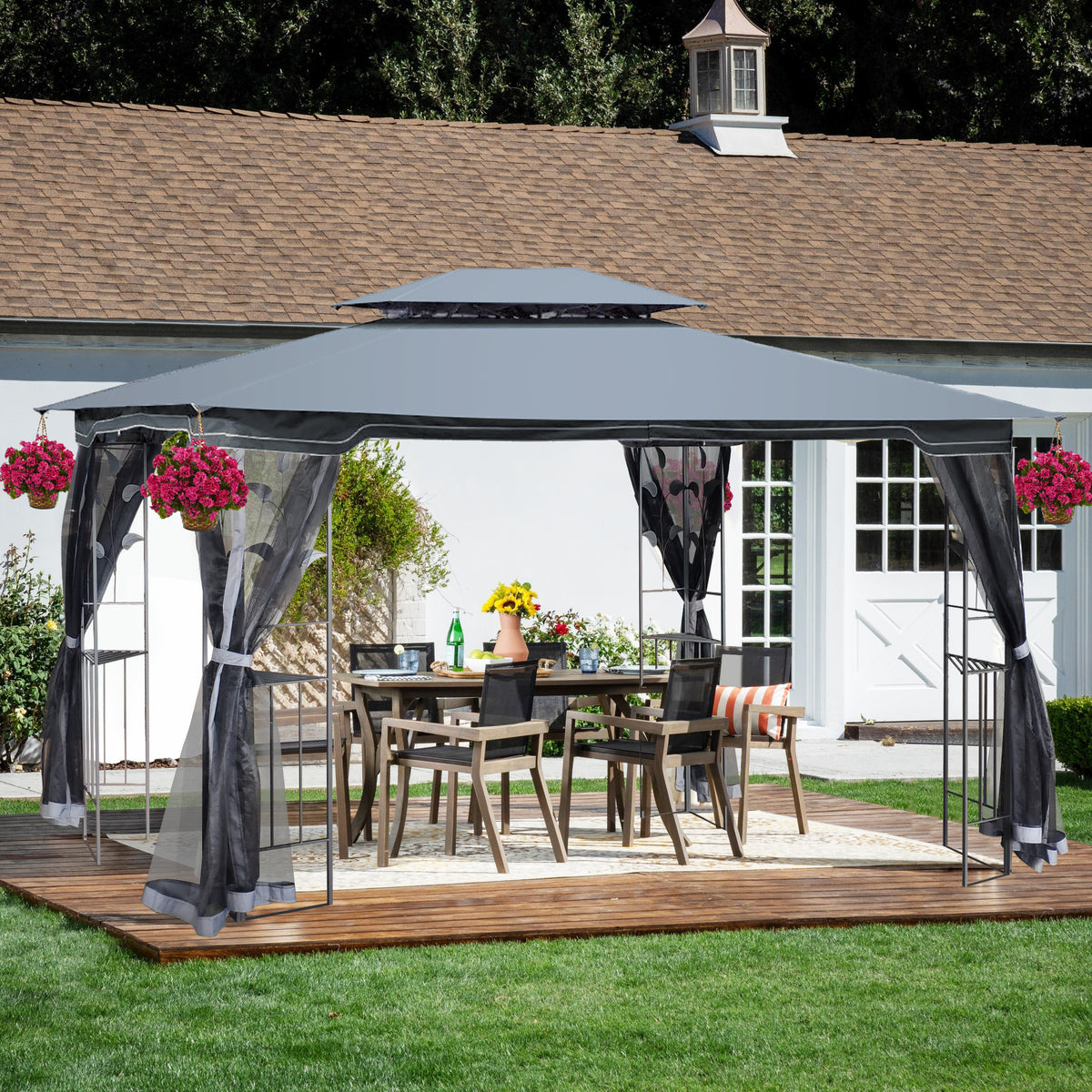 13x10 Outdoor Patio Gazebo Canopy Tent With Ventilated Double Roof And Mosquito net(Detachable Mesh Screen On All Sides),Suitable for Lawn, Garden, Backyard and Deck,Gray Top W41942174-djyc