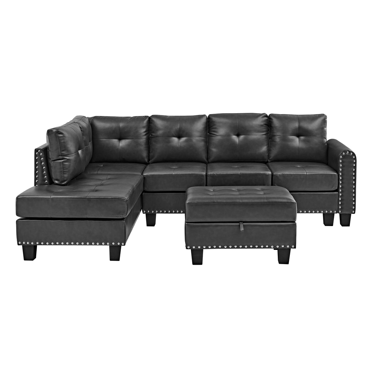Sectional 3-Seaters Sofa , reversible recliner, Storage pad and wood grain cup holder, Non-slip leg, pu, black W487S00241-djyc