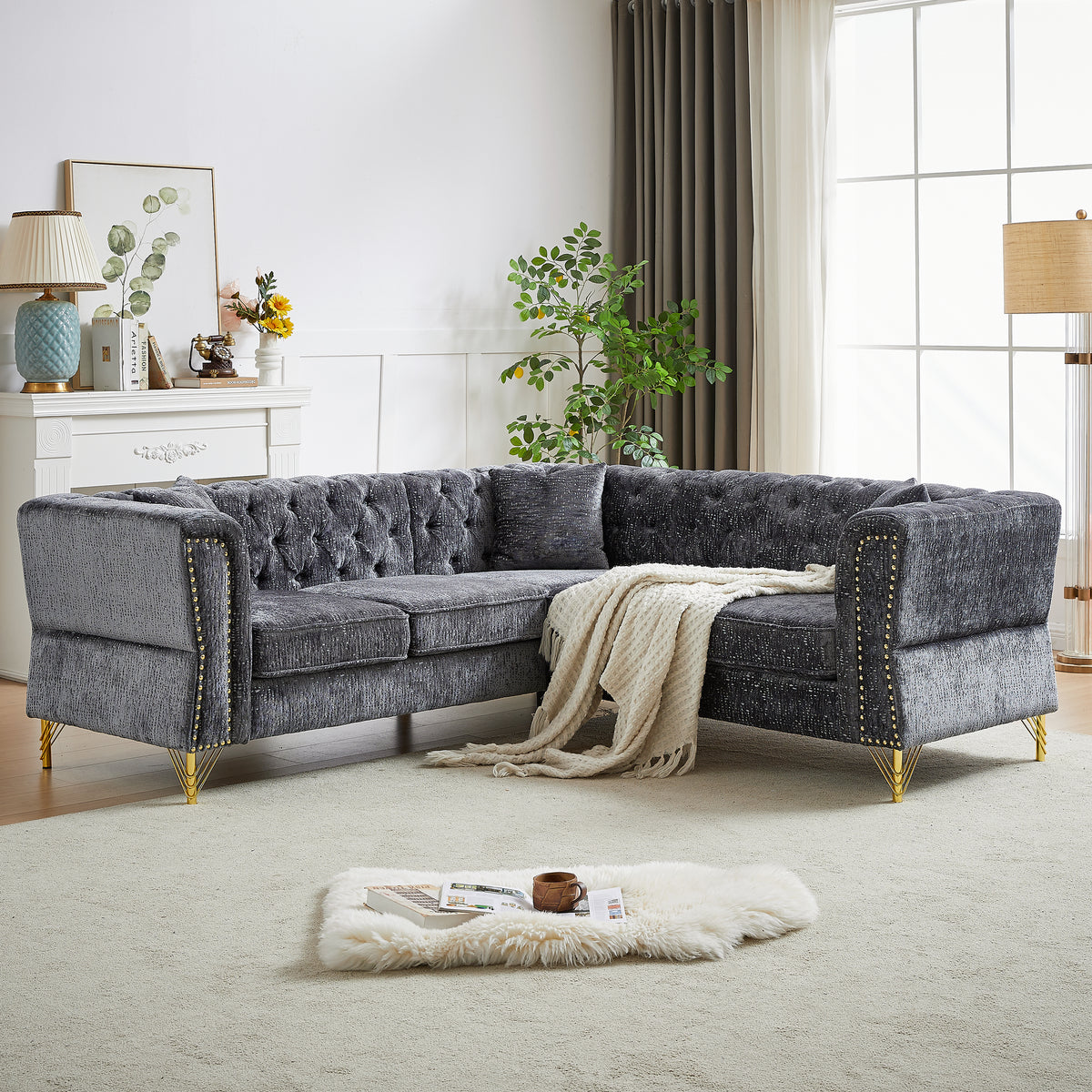 81.5-Inch Chenille Corner Sofa , L-Shaped Sectional Couch, 5-Seater Corner Sofas with 3 Cushions for Living Room, Bedroom, Apartment, Office W834S00262-djyc