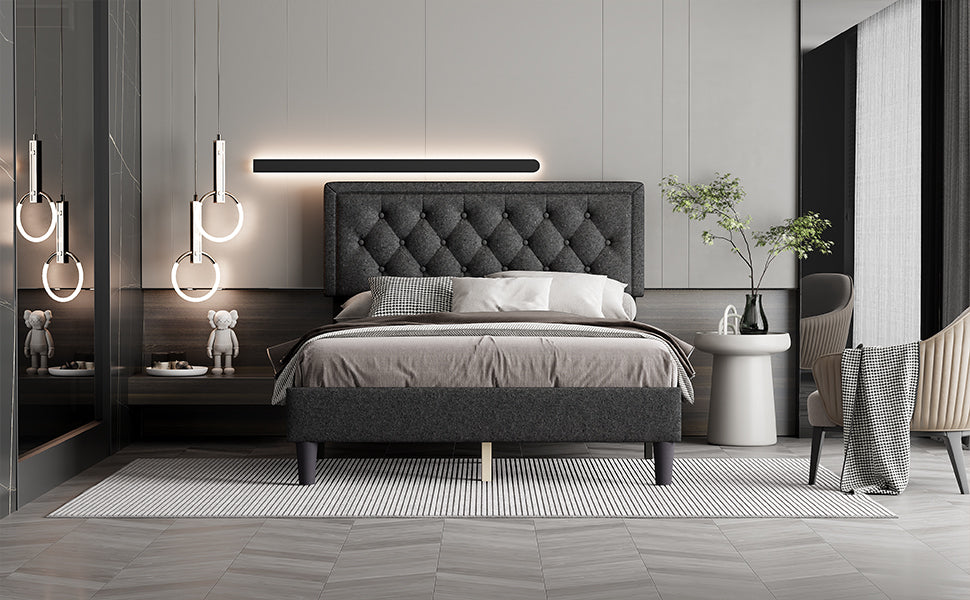 Full size Panel Bed Frame with Adjustable Button-Tufted Headboard for Bedroom/Linen Upholstered/Wood Slat Support/Easy Assembly,Dark Grey W1793140494-djyc