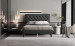 Full size Panel Bed Frame with Adjustable Button-Tufted Headboard for Bedroom/Linen Upholstered/Wood Slat Support/Easy Assembly,Dark Grey W1793140494-djyc