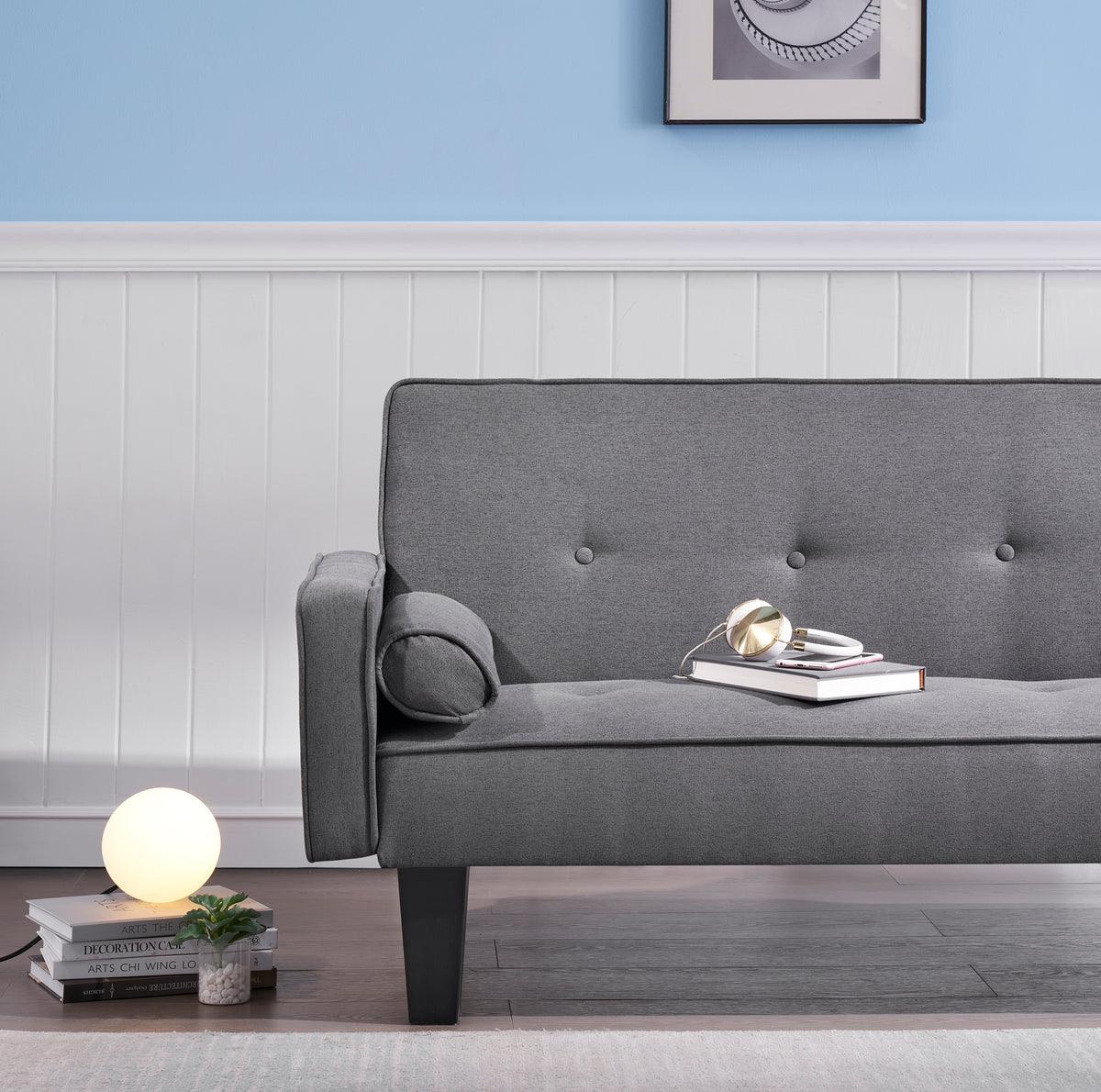 Sofa with Dual Functionality: 72" Dark Grey Cotton Linen Convertible Sofa Bed Including Two Bonus Pillows, Ideal for Family Living Rooms W127843493-djyc