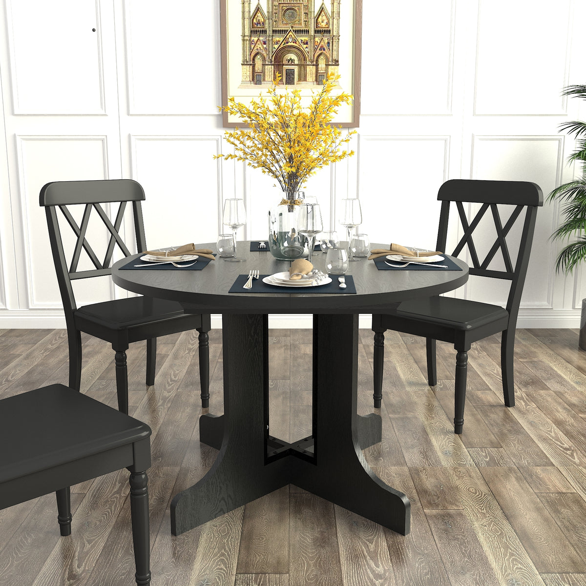 Dining Table for Farmhouse Kitchen 59x43 Inch Expandable Oval Table Top with Removable Leaf Trestle X Shaped Base Black W1347P202405-djyc