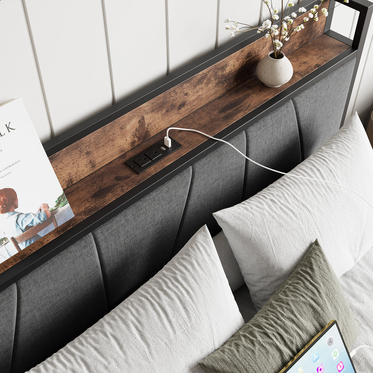 Full Size Bed Frame, Storage Headboard with Charging Station and 2 Storage Drawers,Vintage Brown and Gray W840137806-djyc