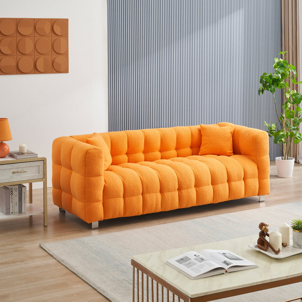 80-Inch Orange Teddy Fleece Sofa for Living Room or Bedroom, Including Two Throw Pillows & Sturdy Hardware Foot Support W1278P173376-djyc