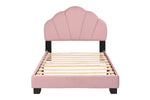 Upholstered Twin Size Platform Bed for Kids, Wooden Bed Frame with Slatted Bed Base, No Box Spring Needed, Cute Bed Frame with Shell Design Headboard for Girls Boys Teens, Pink W1998124486-djyc