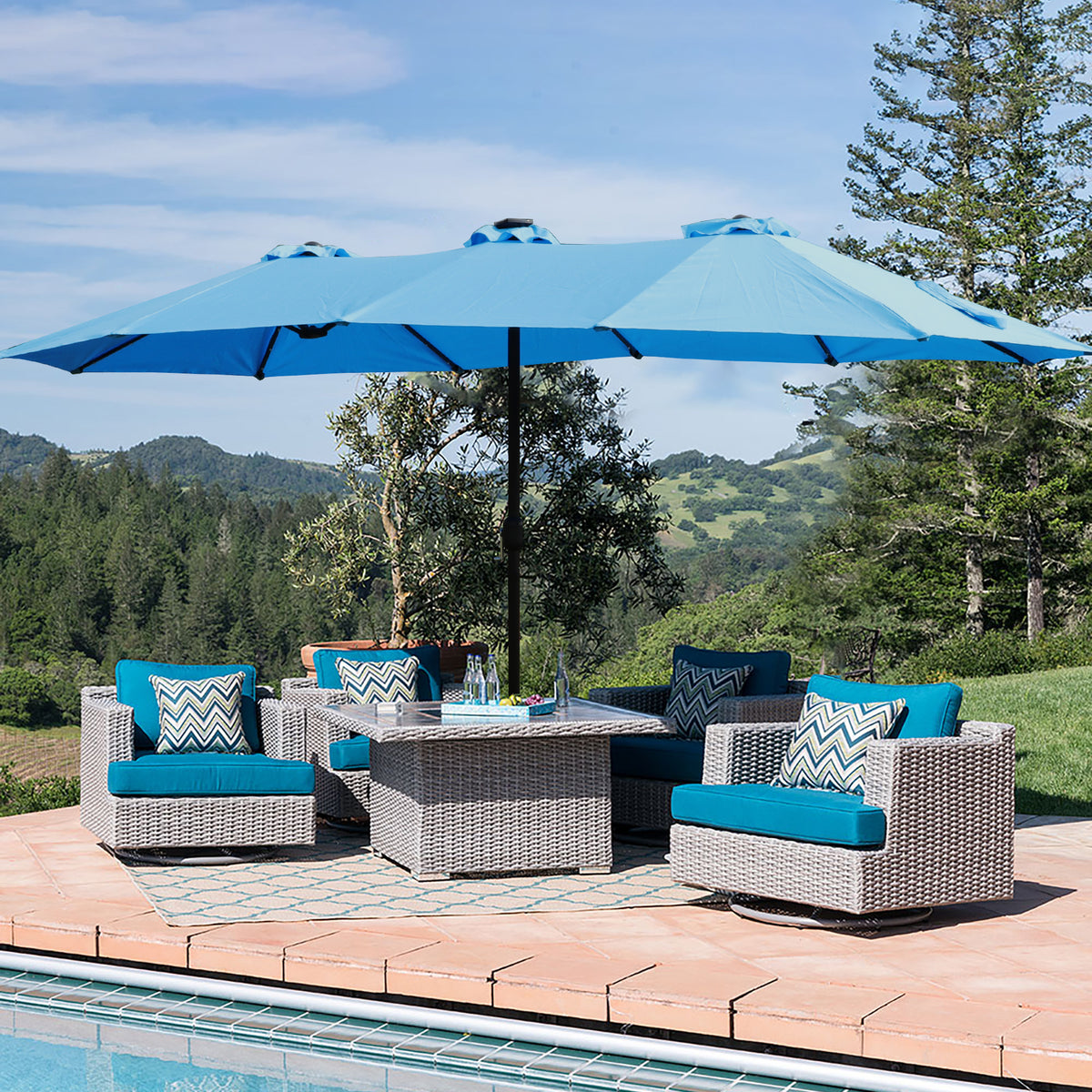 15x9ft Large Double-Sided Rectangular Outdoor Twin Patio Market Umbrella with light and base- blue W419P145384-djyc