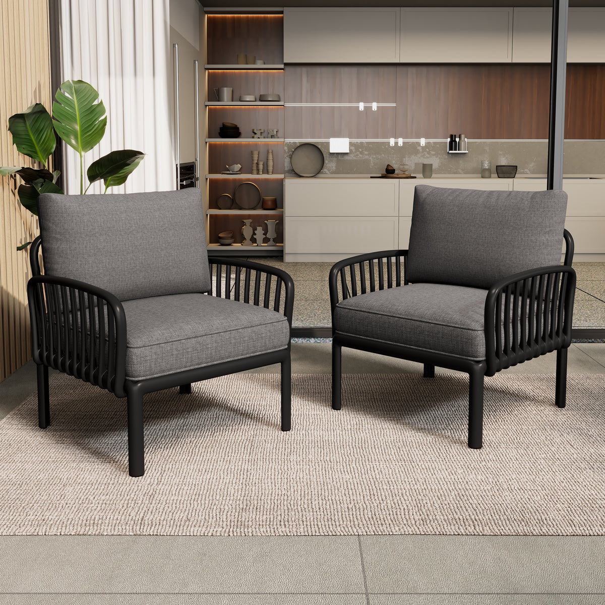 ( SET OF 2 ) Outdoor Patio Club Chair, Modern Patio Furniture, Waterproof Thick Cushion Deep Seating for Porch, Balcony, Black & Dark Gray N780P199454B-2-djyc