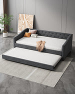 Twin Size Daybed with Twin Size Trundle Upholstered Tufted Sofa Bed, with Button on Back and Copper Nail on Waved Shape Arms-Dark Grey W2336S00008-djyc