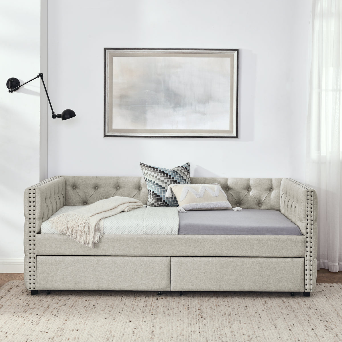 Upholstered Twin Size Daybed with Two Drawers, with Button and Copper Nail on Square Arms, Beige (82.75''x43''x30.75'') W487S00217-djyc