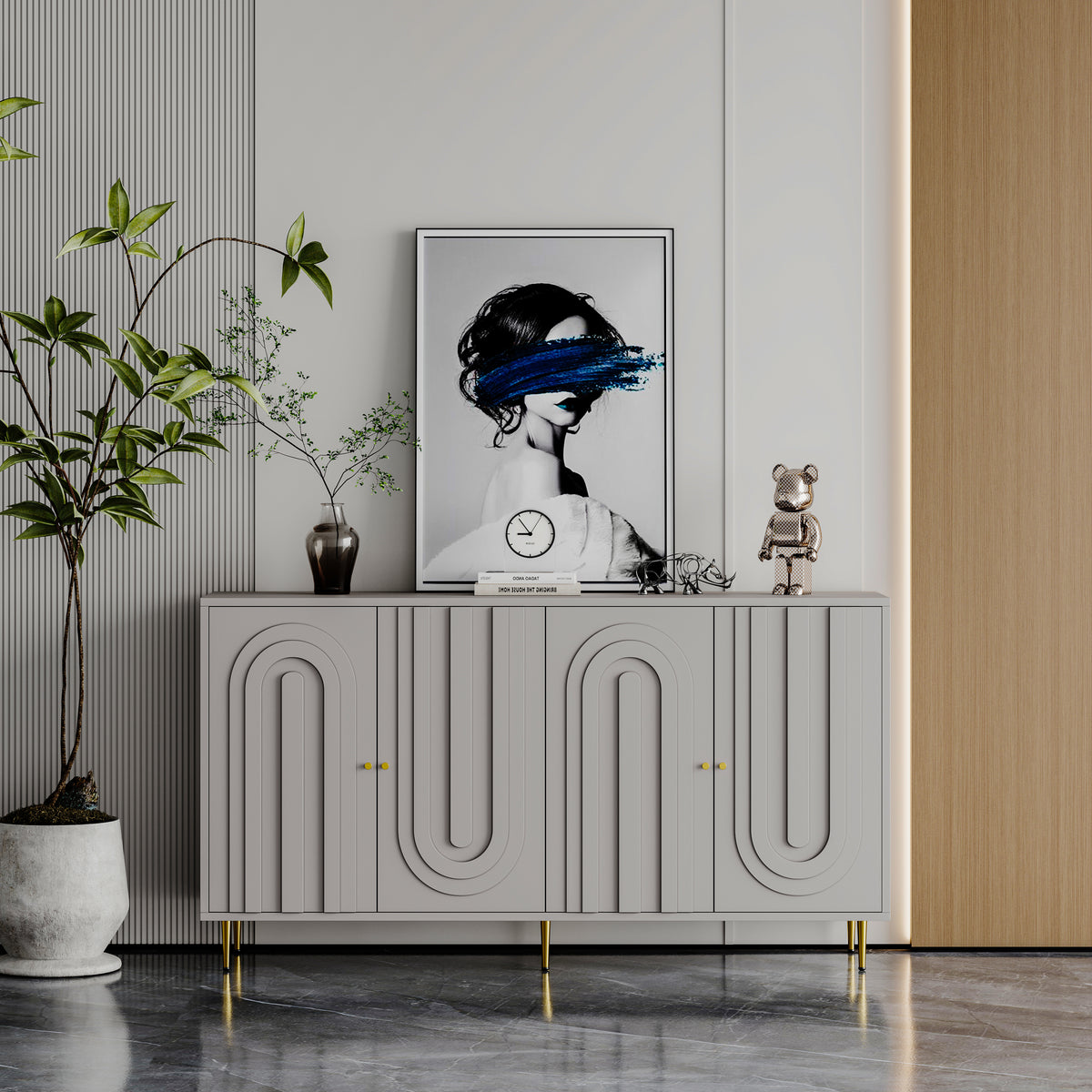 Modern Gray Lacquered 4 Door Wooden Cabinet Sideboard Buffet Server Cabinet Storage Cabinet, for Living Room, Entryway, Hallway, Office, Kitchen and Dining Room W1435133312-djyc