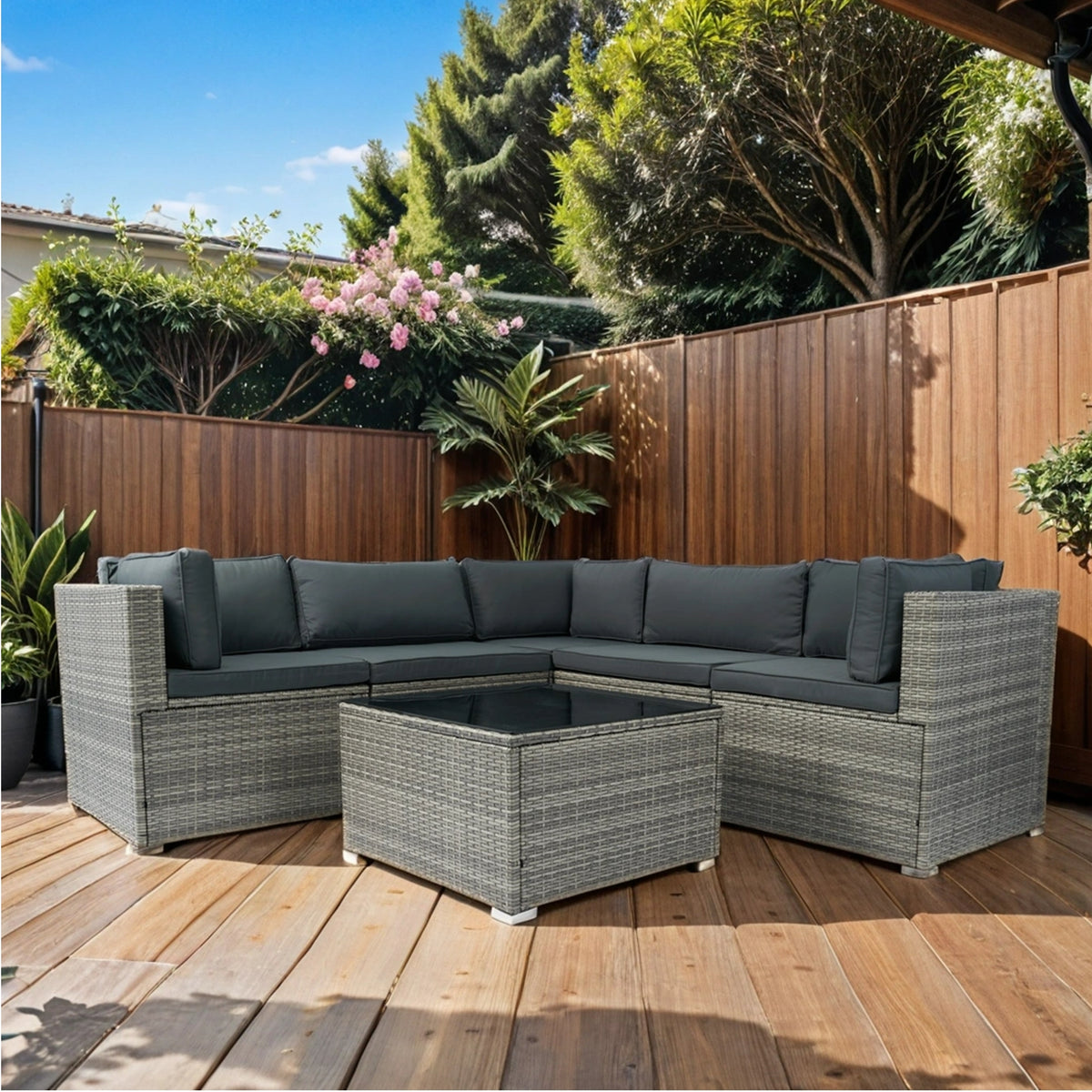 6 Pieces PE Rattan sectional Outdoor Furniture CushionedSofa set Grey Wicker, Dark Grey Cushion W329S00051-djyc