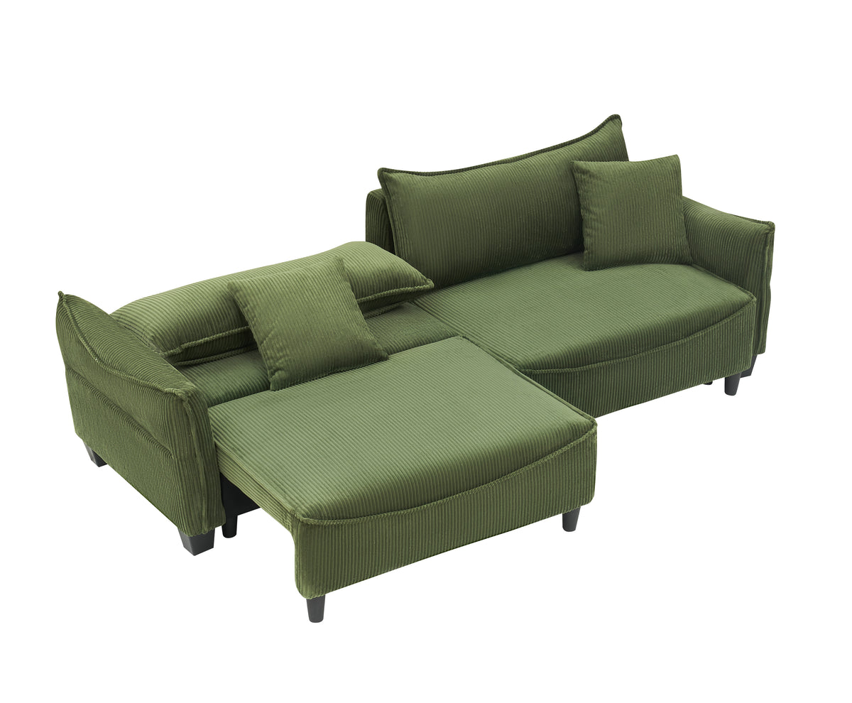 Sofa Showcasing Green Corduroy Fabric, Transformable into Sofa Bed with Two Throw Pillows: Ideal for Living Rooms & Diverse Scenes W1278S00038-djyc