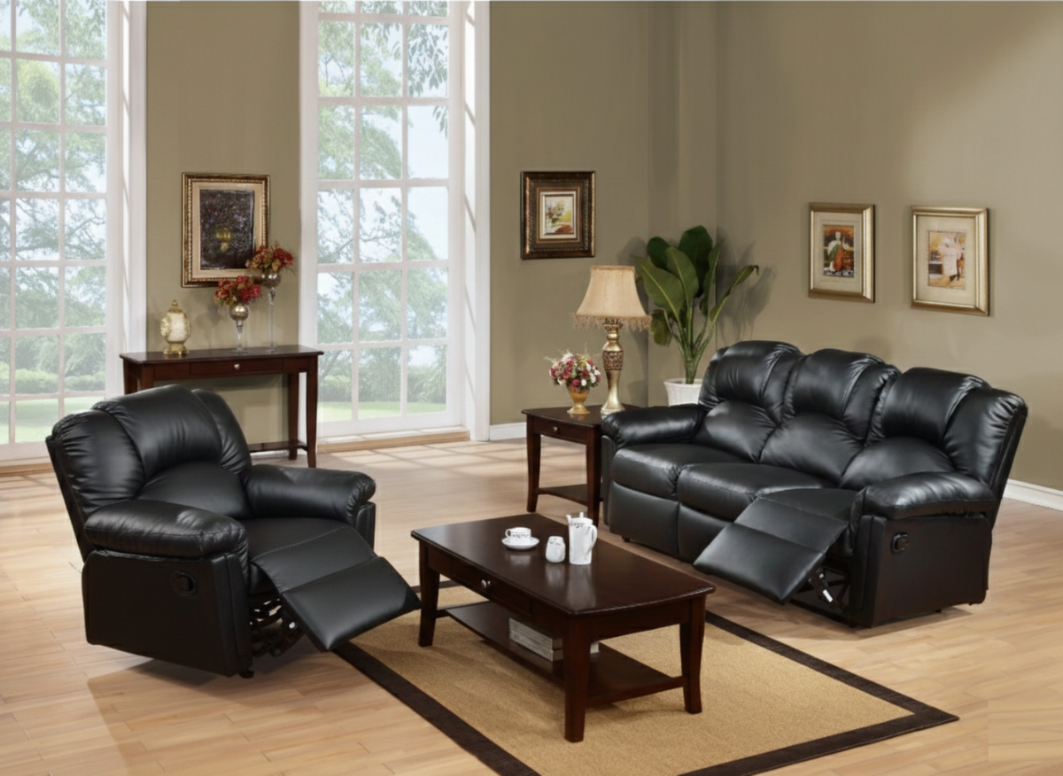 Modern 2pc Living Room Set 1x Sofa 1x Recliner Black Finish Cushion Backrest Pillow Armrest Primary Living Room Furniture-B011S02384