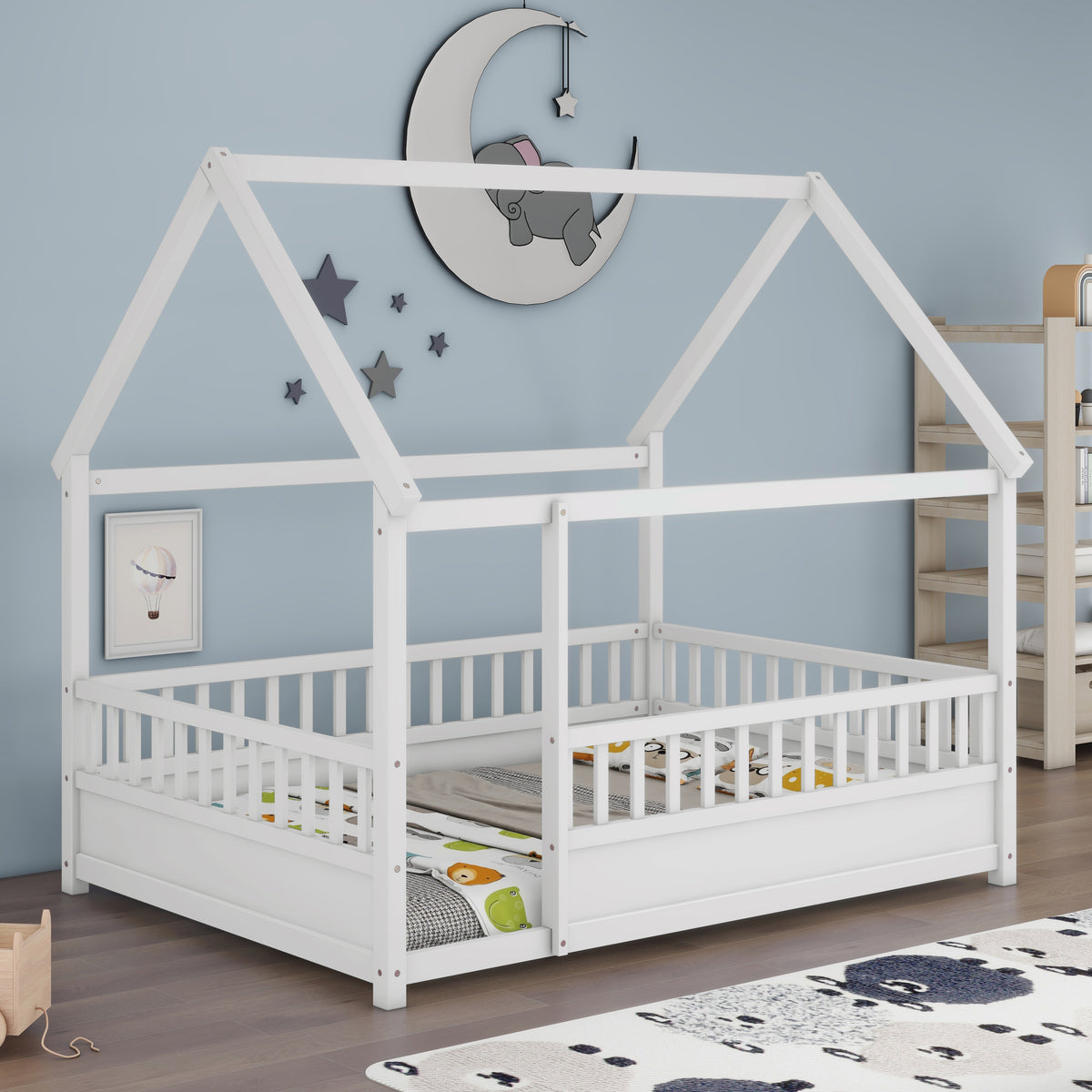 Full Size Floor Wooden Bed with House Roof Frame, Fence Guardrails,White W1858123986-djyc