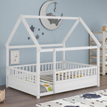 Full Size Floor Wooden Bed with House Roof Frame, Fence Guardrails,White W1858123986-djyc
