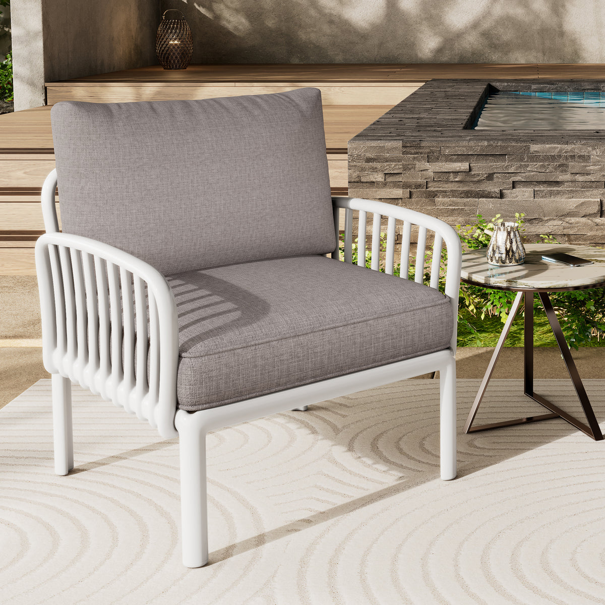Outdoor Patio Club Chair, Modern Patio Furniture, Waterproof Thick Cushion Deep Seating for Porch, Balcony, White & Light Gray N780P199454W-djyc
