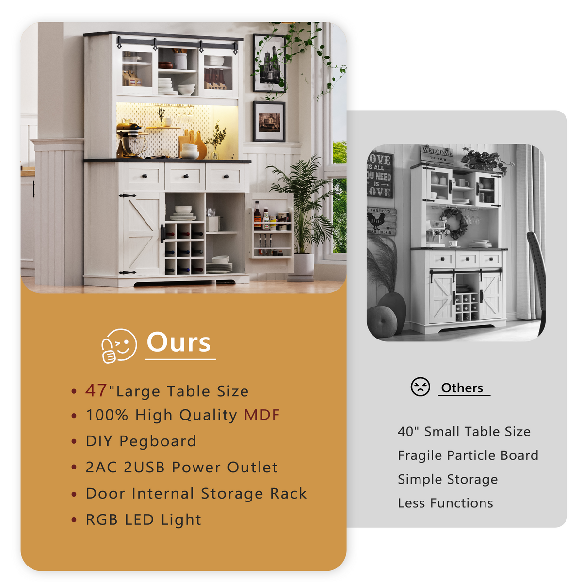 K&K 71" Farmhosue Pantry Bar Cabinet with Internal Storage Rack,Kitchen Cabinet with Hutch,Sliding Door,Power Outlet,Pegboard,Wine & Glasses Rack,3 Drawers,Rustic Coffee Bar Storage Cabinet,White Oak N707S000008W-djyc