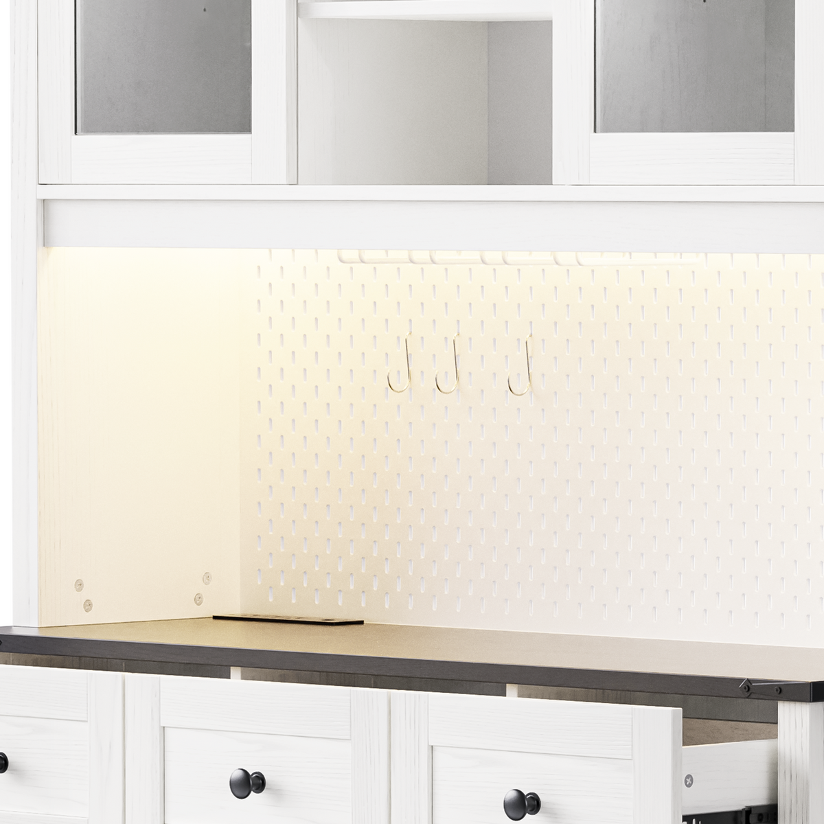 K&K 71" Farmhosue Pantry Bar Cabinet with Internal Storage Rack,Kitchen Cabinet with Hutch,Sliding Door,Power Outlet,Pegboard,Wine & Glasses Rack,3 Drawers,Rustic Coffee Bar Storage Cabinet,White Oak N707S000008W-djyc