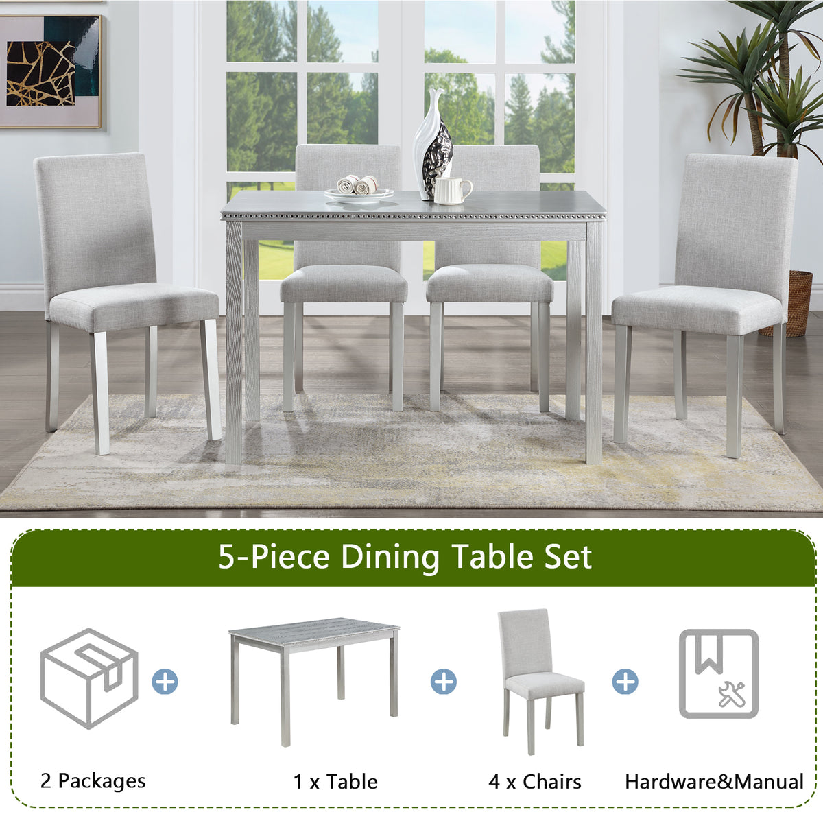 5 Piece Wooden Dining Table Set, Kitchen Table Set with a Rectangular Table and 4 Upholstered Chairs, Wooden Dining Room Table with Crystal Decoration and Chairs Set, Silver grey W1998S00048-djyc