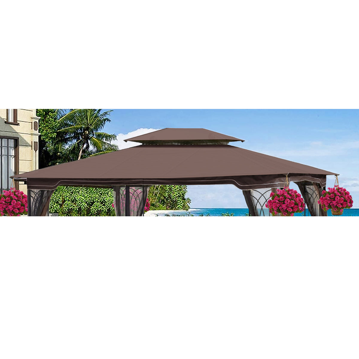 13x10 Ft Patio Double Roof Gazebo Replacement Canopy Top Fabric,Brown W41941991-djyc
