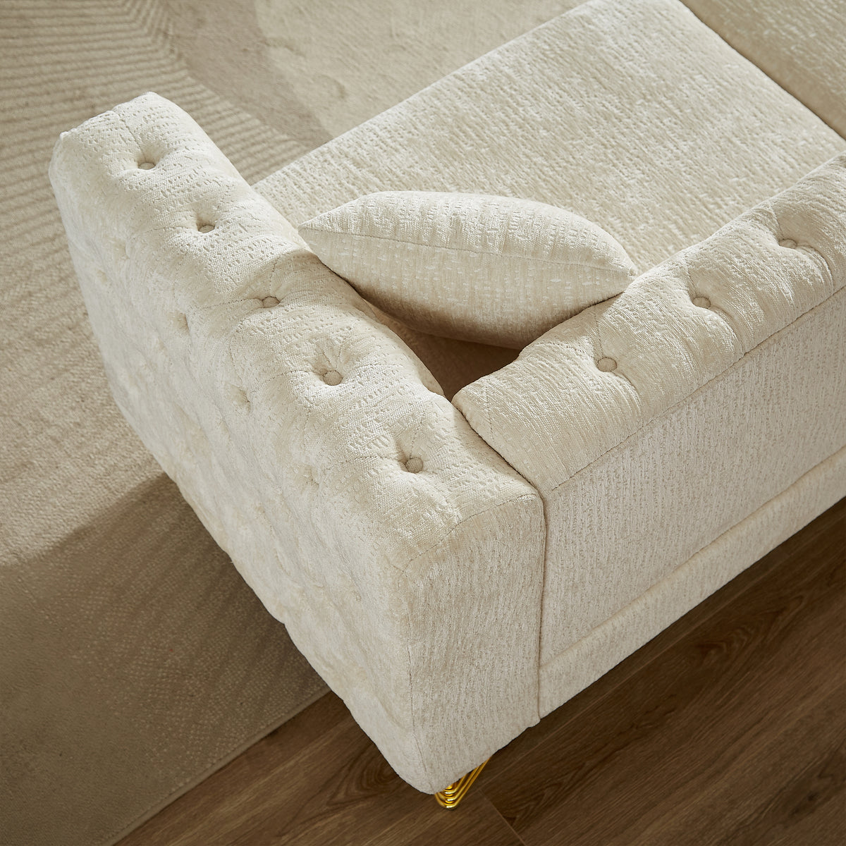 60-Inch Chenille Pull Buckle Design Sofa for Living Room,Buttons Tufted With Copper Nail Decoration Armrest, Modern Couch Upholstered Button And Metal Legs W834S00297-djyc